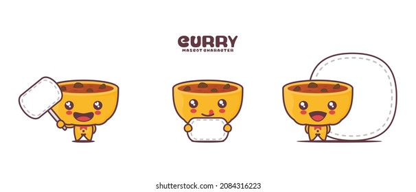 Vector Curry Cartoon Mascot, With Blank Board Banner, Isolated On A White Background.