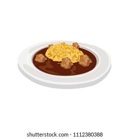 Vector of curry rice with omelet on plate