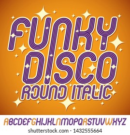 Vector cursive script, modern freaky alphabet letters set with parallel stripes, for use as retro poster design elements for fun club or concert advertising.