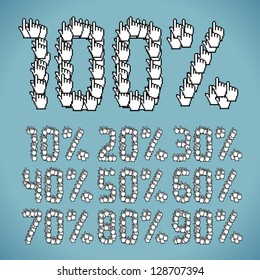 Vector cursor hand click font Percents templates for sale 100%, 90%, 80%, 70%, 60%,  50%, 40%, 30%, 20%, 10%