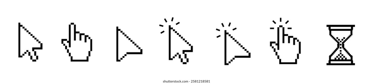 Vector Cursor Icons Set: Computer Mouse Click, Pixel Arrow Icons, Loading Icons, and Mouse Click Cursor Collection.