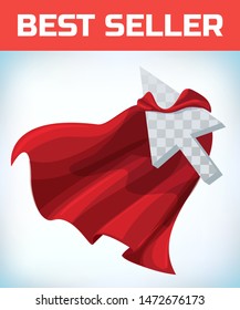 Vector cursor template, narrow logo in cape. Concept Logo. Vector Design Elements with internet symbol. Click icon in cloak of a superhero. Isolated illustration on a white background