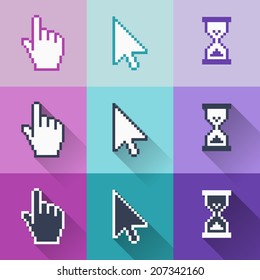 Vector cursors with long shadows, isolated white and dark on colorful background.