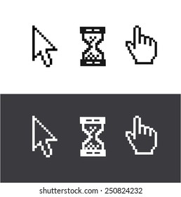 Vector cursors set isolated on white and black background. Arrow, clock, hand.