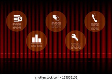 Vector curtain stage with business icons.
