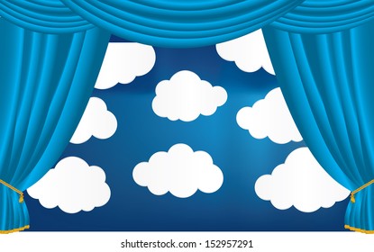Vector curtain stage with clouds.