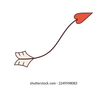 Vector curve arrow with heart shaped arrowhead in retro style. Happy Valentines day 70s. Groovy illustration with arrow. Y2k.