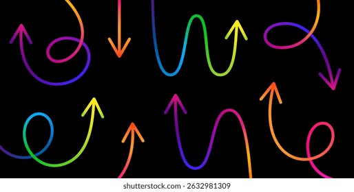Vector Curve Line Arrows. Swirl Gradient Abstract Pointers Design. Hand Drawn Color Arrows