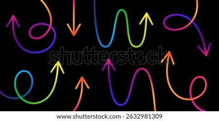 Vector Curve Line Arrows. Swirl Gradient Abstract Pointers Design. Hand Drawn Color Arrows