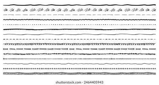 Vector curve line set. Wavy border element or dividing decoration, underline scribble or ornamental divider. Brushstroke and waveform curve, wiggle contour for typography decor. Pen doodle, zigzag