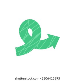 Vector curved arrow isolated on white background. Green hand drawn flat pointer, web design.
