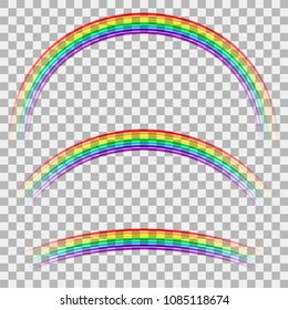 Vector Curved Colorful Rainbow on Checkered Background. Transparent Weather Icon. Spectrum Colored Pattern. Realistic Blurred Gradients