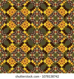 Vector curved doodling background. Tracery. Ethnic colorful doodle texture in green, brown and yellow colors. Mehndi design.