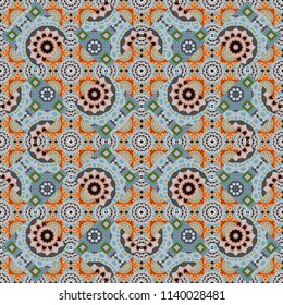 Vector curved doodling background. Tracery seamless pattern. Mehndi design. Ethnic colorful doodle texture in gray, green and blue colors.