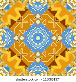 Vector curved doodling background. Tracery seamless pattern. Mehndi design. Ethnic colorful doodle texture in orange, yellow and blue colors.