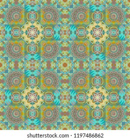 Vector curved doodling background. Tracery seamless pattern. Ethnic colorful doodle texture in green, blue and brown colors. Mehndi design.