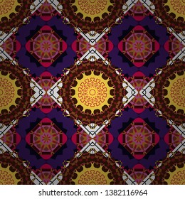 Vector curved doodling background. Tracery. Mehndi design. Ethnic colorful doodle texture in yellow, brown and violet colors.