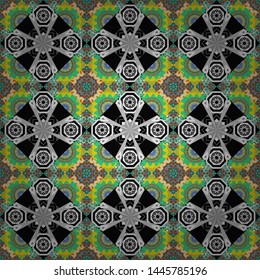 Vector curved doodling background. Tracery seamless pattern. Mehndi design. Ethnic colorful doodle texture in gray, green and blue colors.