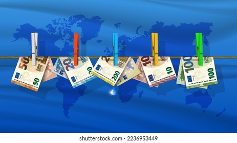 Vector curved EU banknotes hang on a rope with clothespins against the backdrop of a wavy world map. Bills in denominations of 10, 20, 50, 100, 200 euros to dry after washing. Anti-laundering banner.