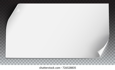 Vector curved paper banner on transparent background. White blank curved paper, horizontal banner, isolated on transparent. Realistic vector paper template with curl corners, 3D illustration.