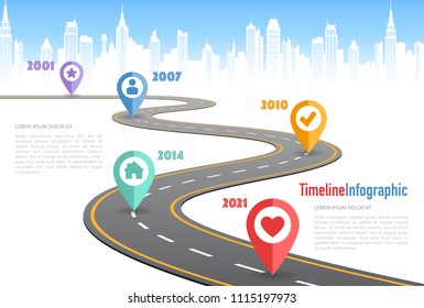 Vector Curved road with white lines in perspective view and infographic elements designed for a timeline concept