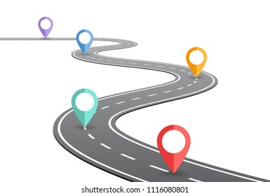 Vector Curved road with white lines in perspective view and infographic elements designed for a timeline concept