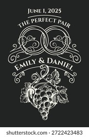 Una etiqueta de botella de Vector personalizada con un montón de uvas y anillos de bodas sobre fondo negro. Con inscripciones vintage. Para cumpleaños, aniversarios y días festivos. Sin IA