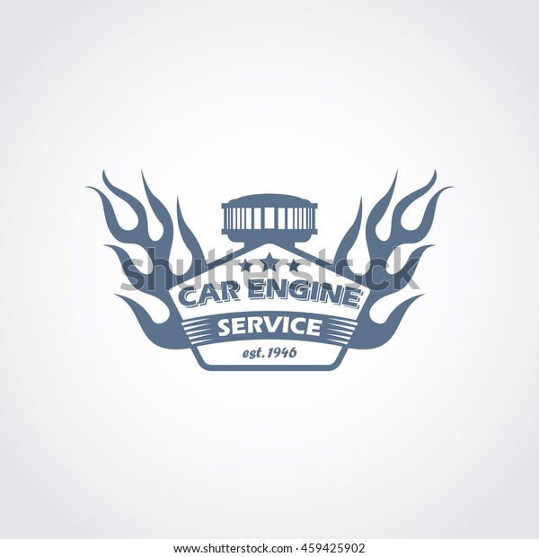 vector custom cars engine service\
logo with a  carburetor, flame and ribbon; garage hot rods repair\
and tuning label, car custom motors and repair service\
icon