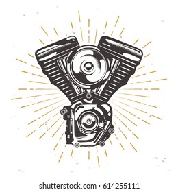 Vector custom garage logotype with chopper engine, motorbike engine illustration with sun burst