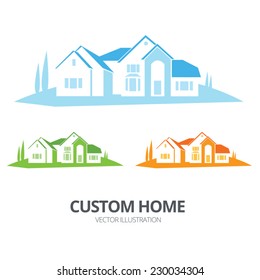 Vector custom home illustration with blue, green and orange versions