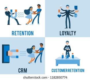 Vector customer retention and customer relations managment posters set with manager with magnet trying to attract woman client, offering special presents, discount, giving vip card, writing features.