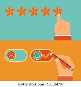 Vector customer review concepts in flat style - male hand choosing positive review