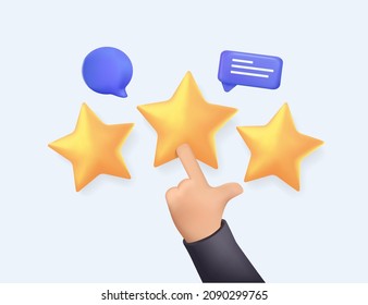 Vector customer review concepts. Reviews stars with good and bad rate and text. 3D Web Vector Illustrations. Hand rating a experience concept 3d rendering free to edit. Rating bubble speeches vector.