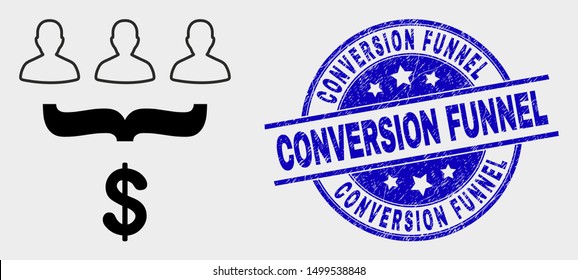 Vector customer sales funnel icon and Conversion Funnel seal. Red round textured seal stamp with Conversion Funnel text. Vector combination in flat style. Black isolated customer sales funnel icon.