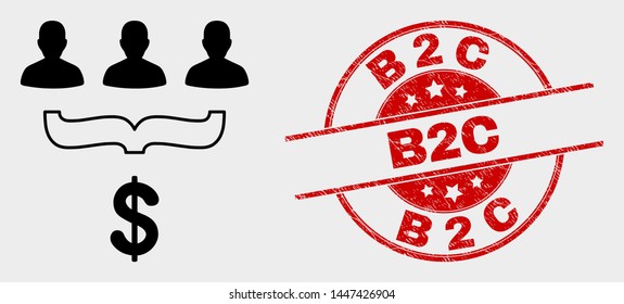 Vector customer sales funnel pictogram and B2C stamp. Red round textured seal stamp with B2C caption. Vector composition for customer sales funnel in flat style.