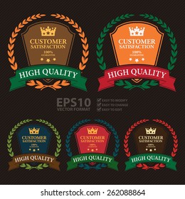 Vector : Customer Satisfaction 100% Guarantee High Quality Shield, Wheat Laurel Wreath, Ribbon, Label, Sticker or Icon