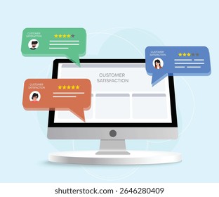 Eine Vektorgrafik von Kundenzufriedenheitskonzepten, die Benutzerbewertungen und Feedback zu Sternenbewertungen auf Smartphone- und Computerbildschirmen zeigt. Dieses Design eignet sich perfekt für die Darstellung von Online-Umfragen