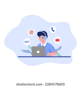 Servicio al cliente vectorial 24 horas centro de llamadas hombres con respuesta auxiliar de micrófono ilustración vectorial plana