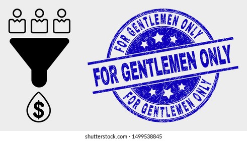 Vector customers sales funnel icon and For Gentlemen Only stamp. Red rounded scratched stamp with For Gentlemen Only text. Vector composition in flat style. Black isolated customers sales funnel icon.