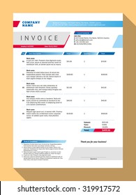 Vector Customizable Invoice Form Template Design. Vector Illustration. Blue and Red Color Theme