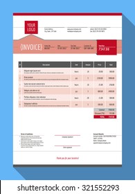 Vector Customizable Invoice Form Template Design. Vector Illustration. Red Color Theme