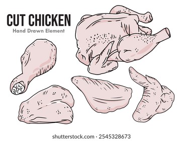 Vector cut chicken design. White background. Can be used for large sizes. Suitable for menu design, packaging ornaments, food, food ingredients and others