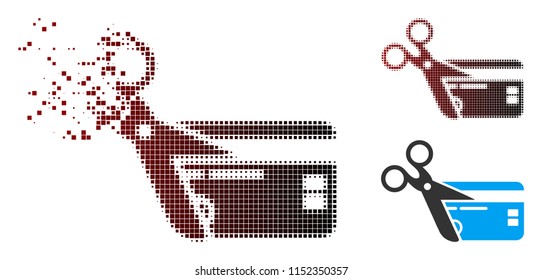 Vector cut credit card icon in sparkle, pixelated halftone and undamaged solid versions. Disintegration effect uses rectangular particles and horizontal gradient from red to black.