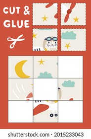 Vector cut and glue activity. Airplane on red background. Educational crafting game with cute cats. Fun activity for kids. Printable worksheet.