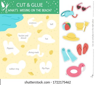 Vector cut and glue activity with beach objects. Summer educational crafting game with cute elements. Fun sea holidays activity for kids. What’s missing on the sand printable worksheet