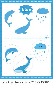 Vector cut and glue activity. Color blue. Crafting game with animals illustration. Fun printable worksheet. 