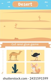 Actividad de corte y pegamento vectorial. Desierto. Hábitats de animales. Juego de artesanía con ilustración de animales. Divertida hoja de cálculo imprimible. 