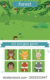 Vector cut and glue activity. Forest. Animal habitats. Crafting game with animals illustration. Fun printable worksheet. 