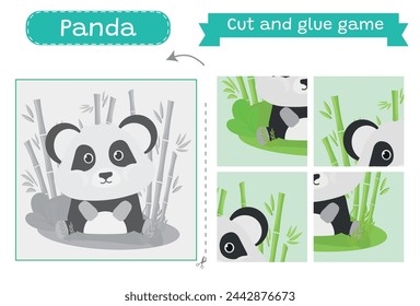 Actividad de corte y pegamento vectorial.  Panda. Rompecabezas 4 partes.  Juego de artesanía con ilustración de animales. Divertida hoja de cálculo imprimible. 