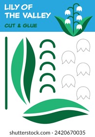 Vector cut and glue activity. Spring educational crafting game with Lily of the valley. Fun activity for kids. Create a Lily of the valley. Worksheet for children
